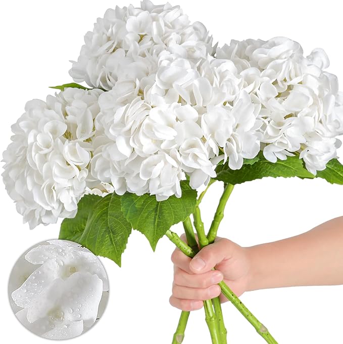 Nubry 22.44In White Hydrangea Artificial Flowers,4Pcs Latex Faux Real Touch Large Hydrangea Flowers with Long Stems & Leaves for Home Office Decor Wedding Party Arrangements(White)