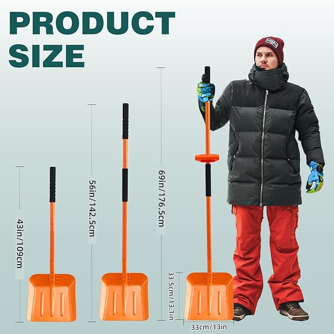 69 Inch Heavy Duty Snow Shovel for Driveway, Large Capacity Snow Removal with Ergonomic Handle Tool, Portable Shovel for Car Sidewalk Garden Farm, Orange