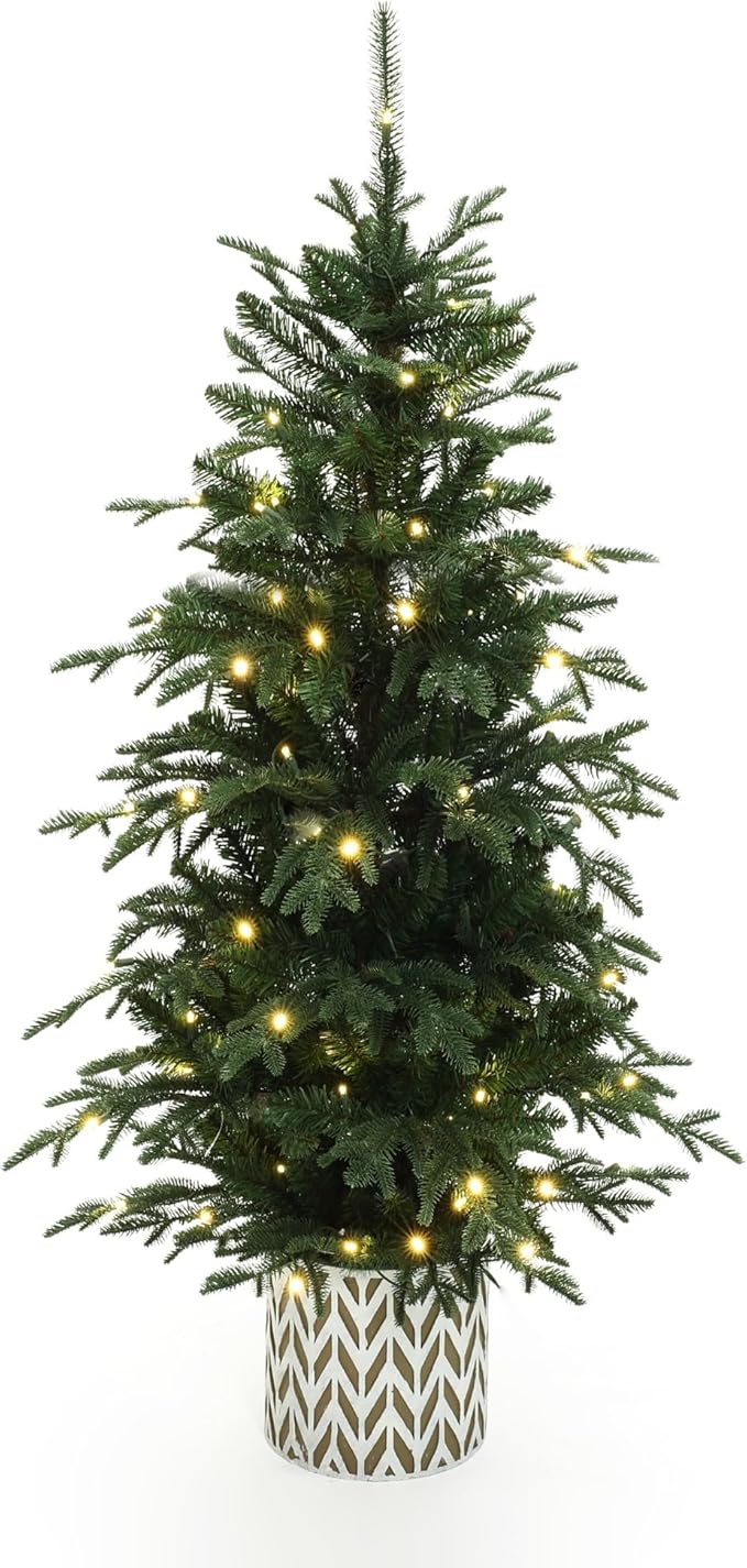 LuxenHome 4.5FT Small Christmas Tree, Prelit Slim Potted Christmas Trees with 100 Warm White LED Lights, Lighted Slender Fir Tree with Planter Pot, Small Faux Holiday Tree for Home Display