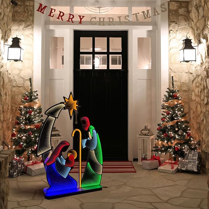 hogardeck Nativity Scene for Christmas Decorations, 4FT Christmas Nativity Scene Infinity Mirror Tunnel Light, 3D Endless Extension Holy Family for Home Indoor Living Room Outdoor Yard Garden Decor