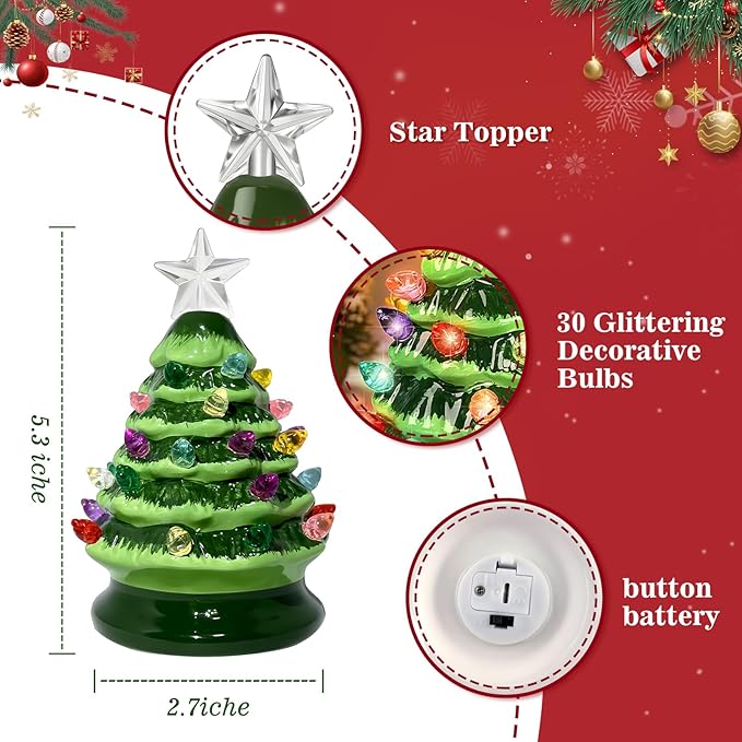 5" Mini Ceramic Christmas Trees Set of 4 with Light, Small Tabletop Vintage Lighted Battery Operated Ceramic Christmas Tree for Home Office Table Holiday Decorations