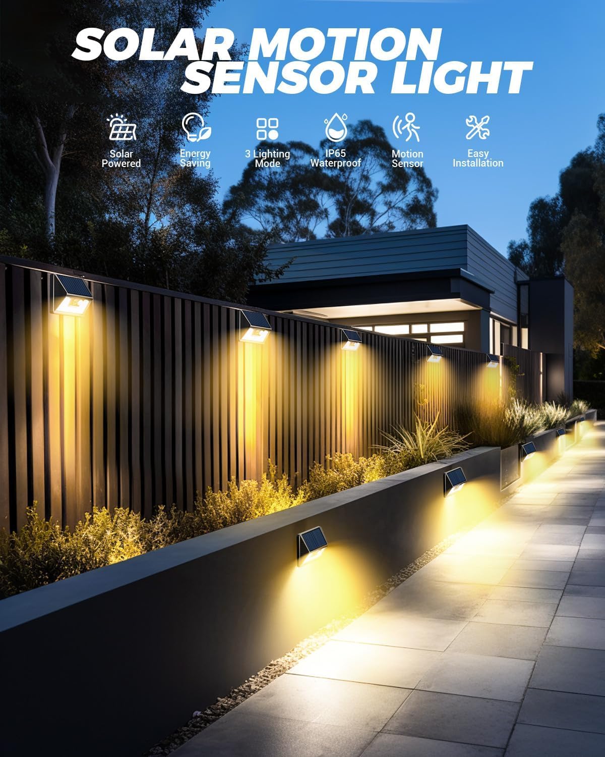 4 Pack Solar Fence Lights, Waterproof Motion Sensor Deck Outdoor, Warm White LED Outside Wireless for Wall Yard Steps Stairs Garden - Black