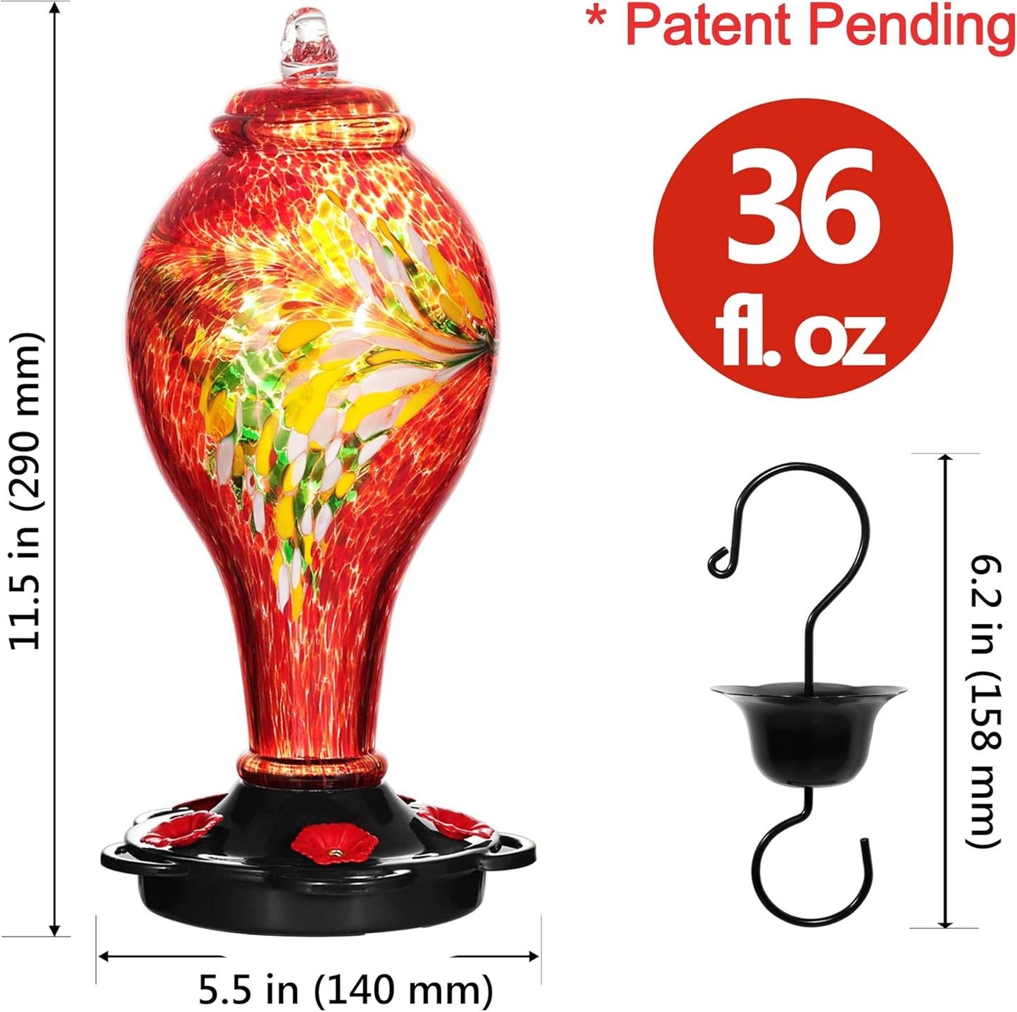 LUJII Hummingbird Feeders for Outdoors, Hand Blown Glass, Never Fade, 36 Fluid Ounces, 5 Feeding Stations, Much Bigger, Garden Backyard Decorative, Containing Ant Moat (Red)