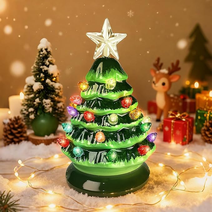 5" Mini Ceramic Christmas Trees Set of 4 with Light, Small Tabletop Vintage Lighted Battery Operated Ceramic Christmas Tree for Home Office Table Holiday Decorations