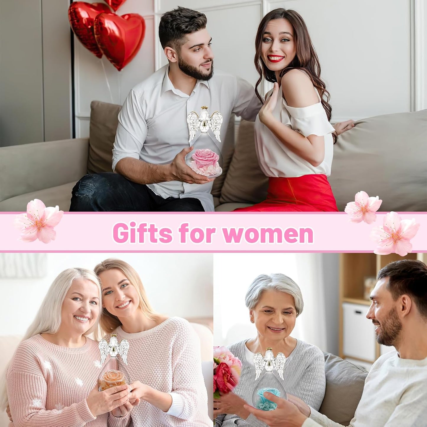 Yamonic Mom Birthday Gifts for Mom, Glass Angel Figurines with Real Rose Gifts for Moms Grandma, Preserved Flowers Real Rose Mothers Day Birthday Valentine’s Day Angel Gifts for Women Her(Pearl Pink)