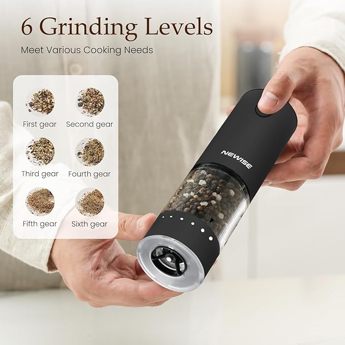Electric Salt & Pepper Grinder Set, Rechargeable with LED Light & External Coarseness Adjustment, One-Hand Operation, Perfect Kitchen Gift for Home Cooks & Families - Black