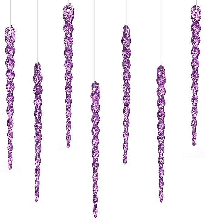 AMS Sparkling Glitter Plastic Icicle Ornaments 30 PCS Twisted Icicles Decoration Christmas Tree and Holiday Xmas Party Hanging (5.1'', Purple)