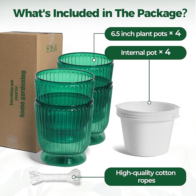 T4U 6 Inch Self Watering Pots for Indoor Plants, 4 Pack Self Watering Planter, Self Watering Pot with Reservoir, Small Self Watering Pots for Plants, African Violets (4 Pack, 6", Translucent Green)