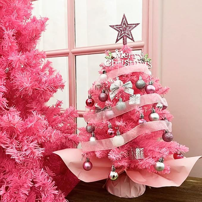 20" Mini Pink Christmas Tree, Artificial Small Christmas Tree with Lights, Tabletop Christmas Tree with Star Treetop,Bow Boxes and Ball Ornaments for DIY Christmas Decoration (Pink)