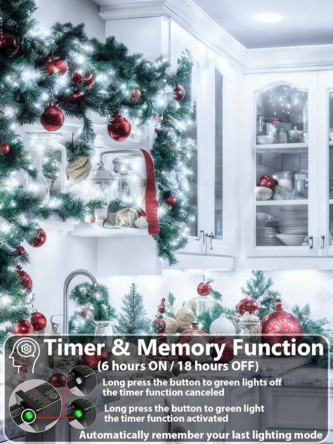 YIQU White 82FT 200 LED Christmas String Lights Outdoor/Indoor (Extendable Green Wire, Ultra-Bright with 8 Modes, UL Certified), Fairy String Lights for Xmas Tree Holiday Party Decoration, Cool White