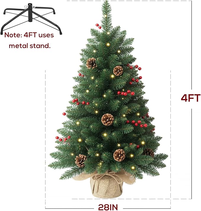 4ft Prelit Artificial Small Christmas Tree with Warm White Multi-Color LED Lights, Remote Control and Timer Operated, Metal Stand Red Berries & Pine Cone Slim Pencil Decoration for Indoor/Outdoor