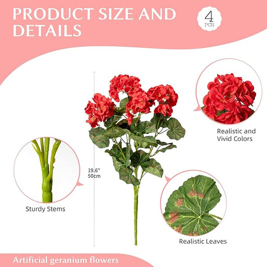 Artificial Geranium Flowers for Outdoors Geraniums Artificial Flowers Realistic Faux Geraniums for Outdoor Planters Silk Geranium Outdoor Fake Flowers Porch Home Kitchen Garden Decor (4PCS，Red)
