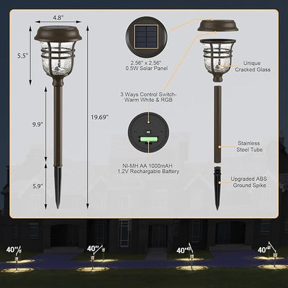 XMCOSY+ Solar Pathway Lights Outdoor Waterproof IP65-2 Lighting Modes Color Changing LED Solar Garden Lights for Yard, Glass Outdoor Lighting for Landscape Walkway Driveway Decor (Warm White & RGB)