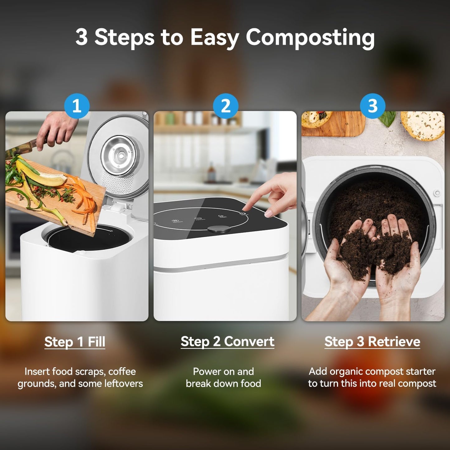 3L Kitchen Smart Electric Countertop Composter with LED Display and Auto-Cleaning, Turns Food Waste into Fertilizer with Replaceable Carbon Filter, Bio-Pack for Fermentation