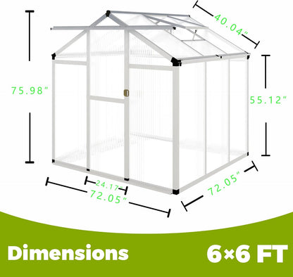 6 x 6FT Greenhouse for Outdoors,Polycarbonate Garden Backyard,Silver