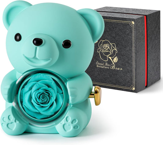 Cute Teddy Bear with Preserved Rose - A Real Rose Flower in Bear with Elegant Gift Box - Romantic Gift for Her in Mother's Day, Weddings, Anniversaries, and Bridal Showers (Blue)