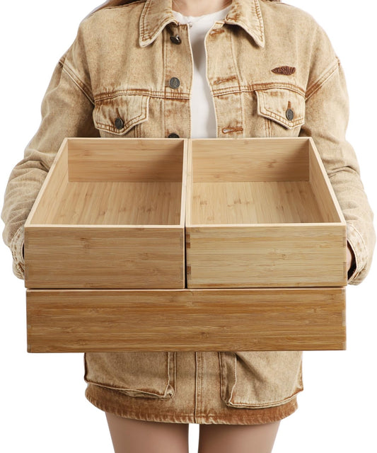 3-Piece Large Bamboo Storage Box Set, 3.9 in High, Stackable Deep-Drawer Organizer for Kitchen Cutlery, Cookware, Utensils & Knives, Lidless Wooden Bin (14.6"x10.2"*1+10.2"x7.3"*2)