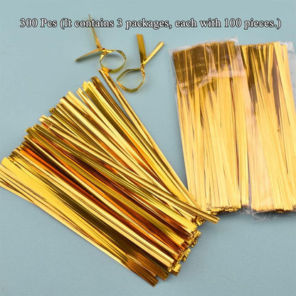 HAHIYO 300Pcs 4 inches Gold Metal Twist Ties Bread Candy Coffee Bag Ties Plant Garden Twist Ties for Cellophane Treat Bags Gift Wraping Bags Plastic Bags Halloween Party Cake Present Art Crafts