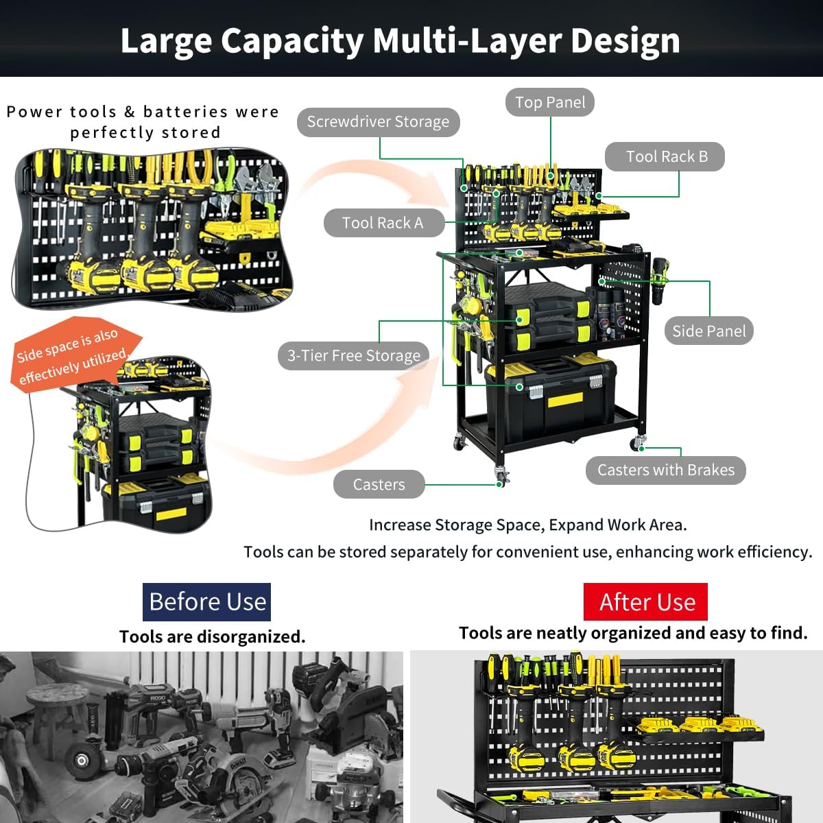 Lumizone Rolling Tool Cart with Wheels and Pegboard Hooks Folding Utility Service Cart for Garage Organizer Storage Foldable Power Tool Organization on Wheels Heavy Duty Frame (Tool Cart+Hooks)