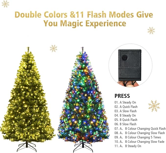 COSTWAY 7 FT Pre-lit Christmas Tree, Artificial Xmas Tree with 500 Warm White & Multicolored Lights, 11 Modes, 1570 Branch Tips, Metal Support, Holiday Decoration Fake Tree for Home, Office, Party