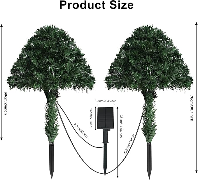 2 Pack Outdoor Christmas Tree with Lights, Fiber Optic Xmas Trees Battery Operated with Multi-Color LEDs, 24 Inch Artificial Solar Power Christmas Tree for Porch Yard Garden Christmas Decor