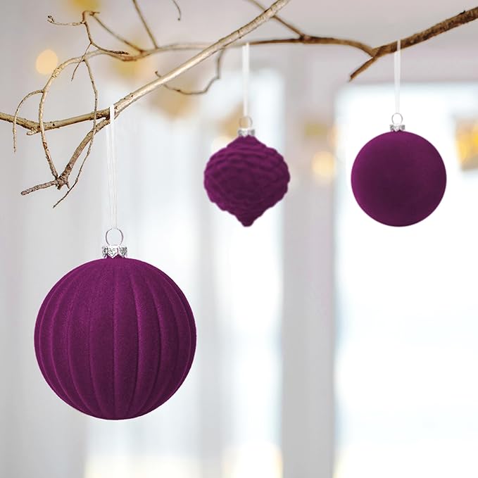 KI Store Velvet Ornaments for Christmas Tree Magenta Purple 25pcs Flocked Christmas Balls Assortment for Xmas Tree Holiday Decor