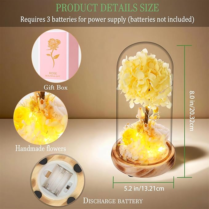 Preserved Flowers with LED Light, Yellow Hydrangea Tree and Rose,Wood Base,Christmas Rose Gifts for Valentine's Day, Mother's Day, Anniversary,for Mom Grandma Wife Friend Used as for Occasions