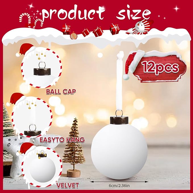 12 Pcs Velvet Christmas Balls Bulk Shatterproof Plastic Christmas Tree Decorations for Decorative Hanging Baubles (12, White, 2.36Inch)