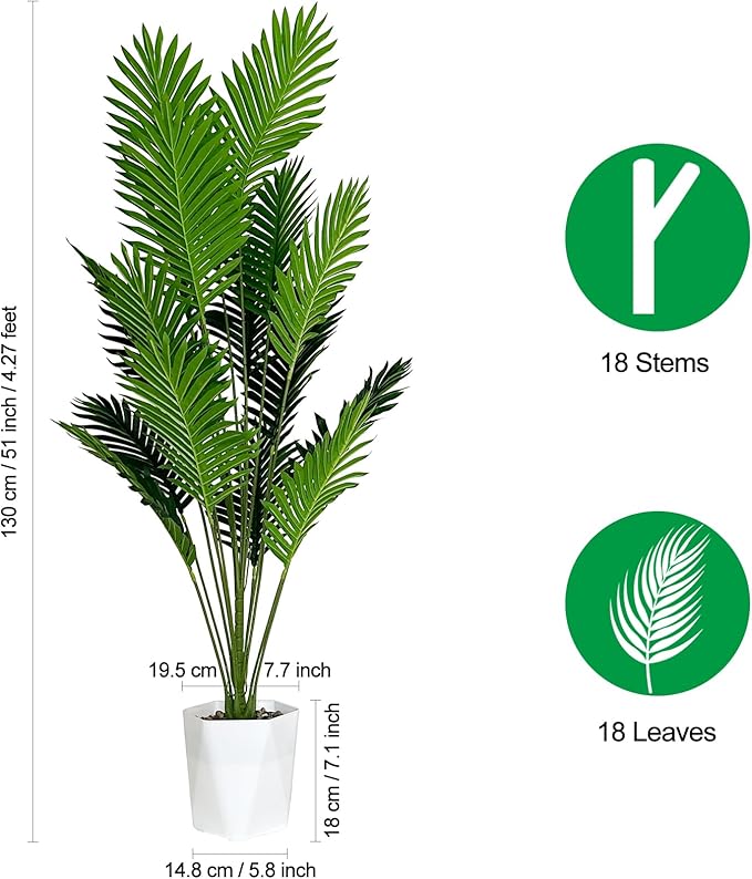 SAJANDAS Set of 2 Artificial Areca Palm Plants in Pots, 51 Inch Fake Tropical Palm Trees with Greenery Leaves and Stems, Faux Dypsis Lutescens Floor Plants for Office, Store, Garden, Home Decoration