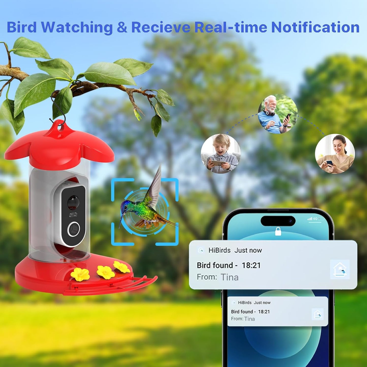 Hummingbird Feeder with Camera for Outdoor - 2K QHD Video, Instant Notifications & AI Bird Species, Ant Moat, Bee Proof, Motion Detection, 2.4G WiFi, Signal Booster, Gift for Bird Lovers (Red)