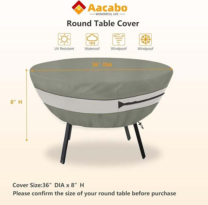 Round Patio Table Cover,Suitable for 36 Inch Diameter Patio Round Table,Waterproof Heavy Duty Round Outdoor Coffee Table Cover,Grey Green