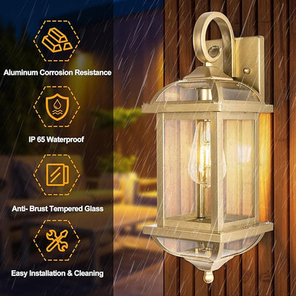 2-Pack 18” Gold Light Fixtures Outdoor Wall Lights Exterior Lanterns, Brass Porch Lights Outside Anti-Rust Aluminum Patio Lights for House Clear Glass Wall Mount Lighting, IP65 Waterproof