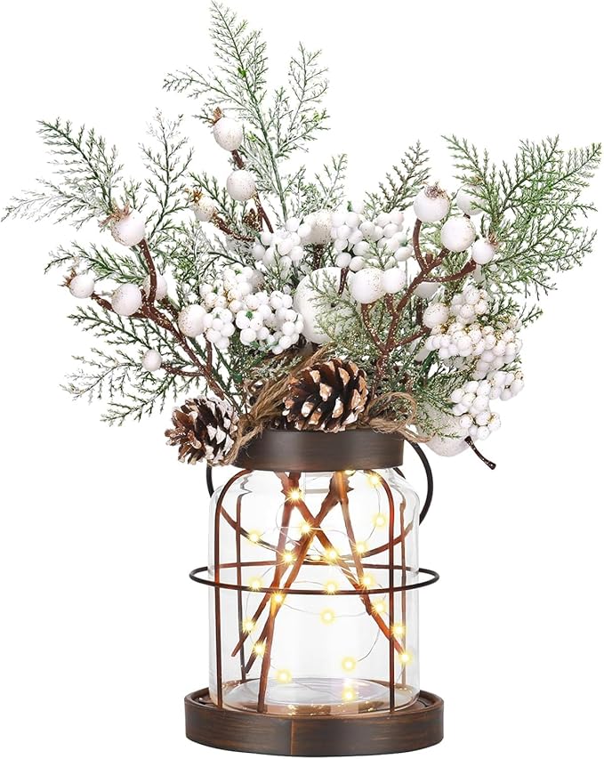 Rustic Vintage Glass Farmhouse Vase with LED Lights, Christmas Home Decor for Winter with White Berry & Pine Cones, Farmhouse Vase for Decor, Home Decor Floral Arrangement Gift