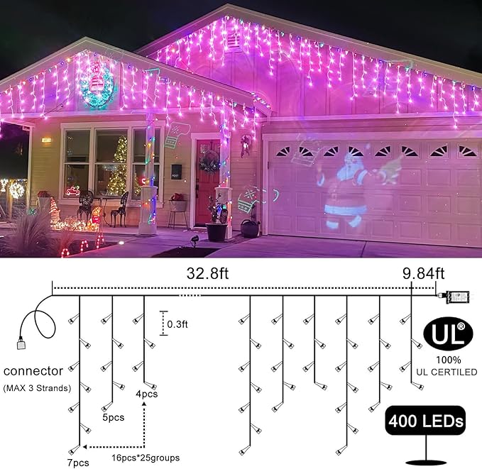 Icicle Christmas Lights Outdoor 33ft 400 LED Pink Christmas Lights for Outside 8 Modes with 75 Drops, Waterproof Icicle Light Plug in for Indoor Party House Christmas Decorations