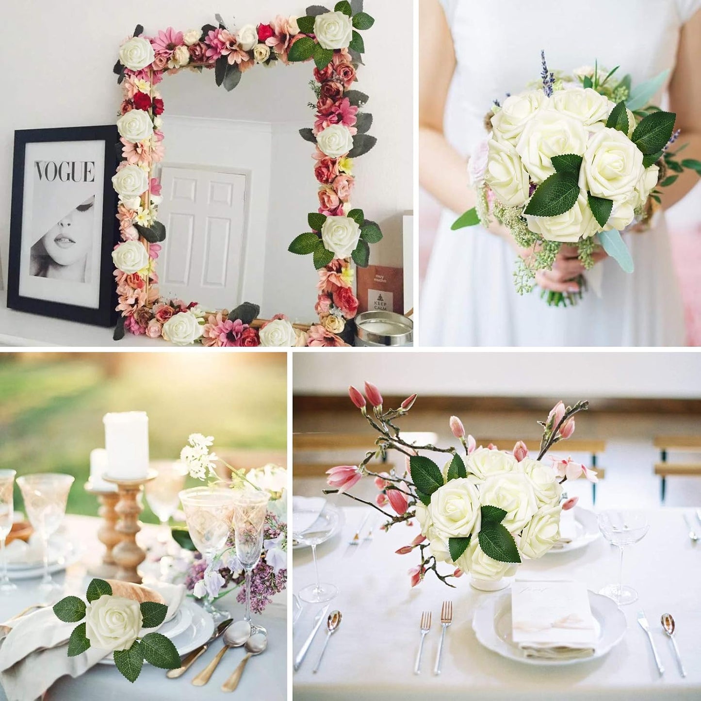 AmyHomie Artificial Flower Ivory Rose 25pcs Real Looking Fake Roses w/Stem for DIY Wedding Bouquets Centerpieces Arrangements Party Baby Shower Home Decorations