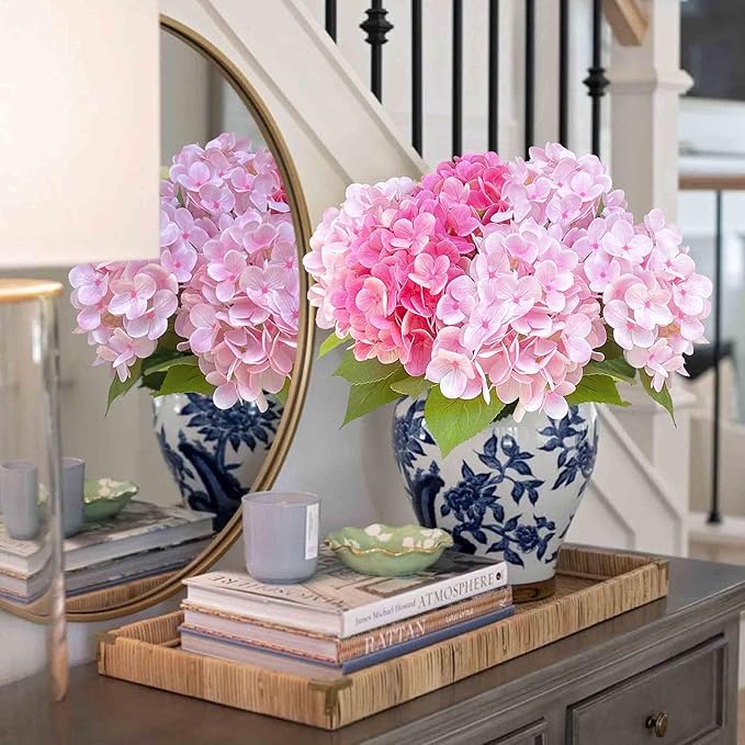 6PCS 23 inch Mix Pink Hydrangea Artificial Flowers，Real Touch Hydrangea Large，Fake Soft Hydrangeas with Leaves Stems - Mix Pink