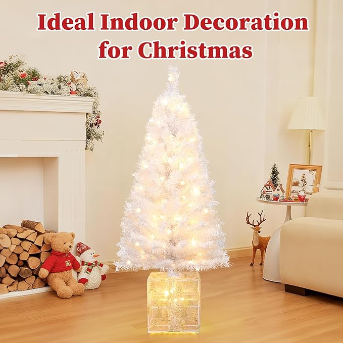 Brightever 4 FT Artificial Christmas Tree, Pre-lit Small Christmas Trees with Warm White String Lights & Unique Gold Gift Box Base, Plug in White Outdoor Xmas Trees for Front Door, Fireplace, Patio