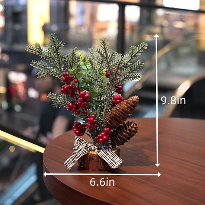 2-Pack Pre-Decorated Mini Christmas Trees: Artificial Tabletop Trees w/Pine Cone & Berry Ornaments - Home, Party, Indoor/Outdoor Holiday Decor