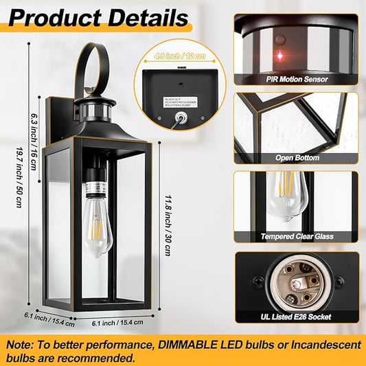 Large Motion Sensor Outdoor Wall Light 20" - Black Dusk to Dawn Outdoor Lighting, Modern Wall Mount Light Fixture, Waterproof Porch Light Fixture for Outside House Garage, 3 Modes (with Gold Trim)