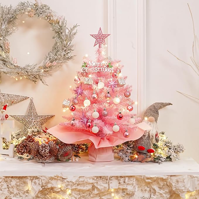 XmasExp 20in Mini Christmas Tree with Lights Pink Small Christmas Tree Artificial Tabletop Xmas Decor Holiday Decoration for Home, Office, Party