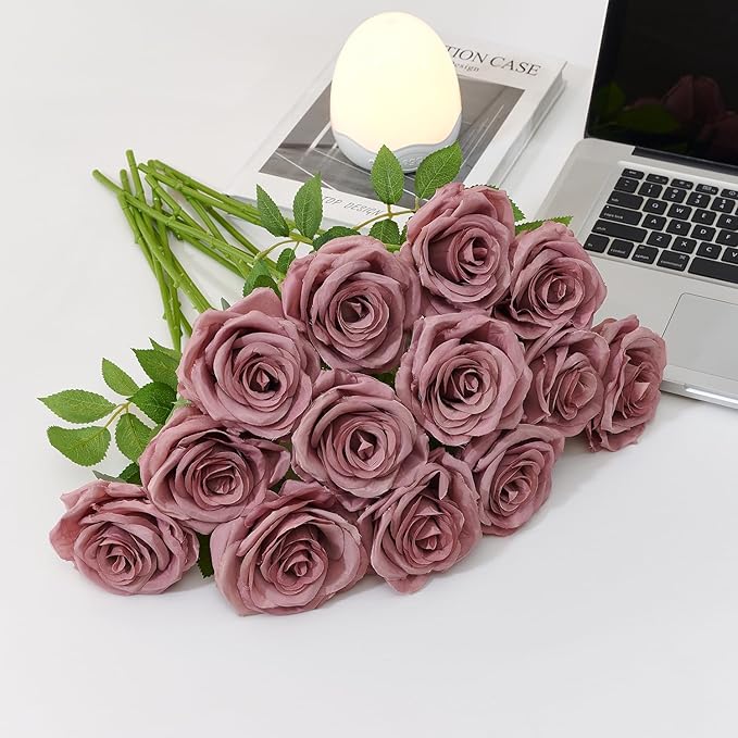 50Pcs Dusty Rose Roses Artificial Flowers Artificial Silk Roses Bulk,Fake Roses Flower with Stems Realistic Flowers for Wedding Centerpiece Home Party Decor
