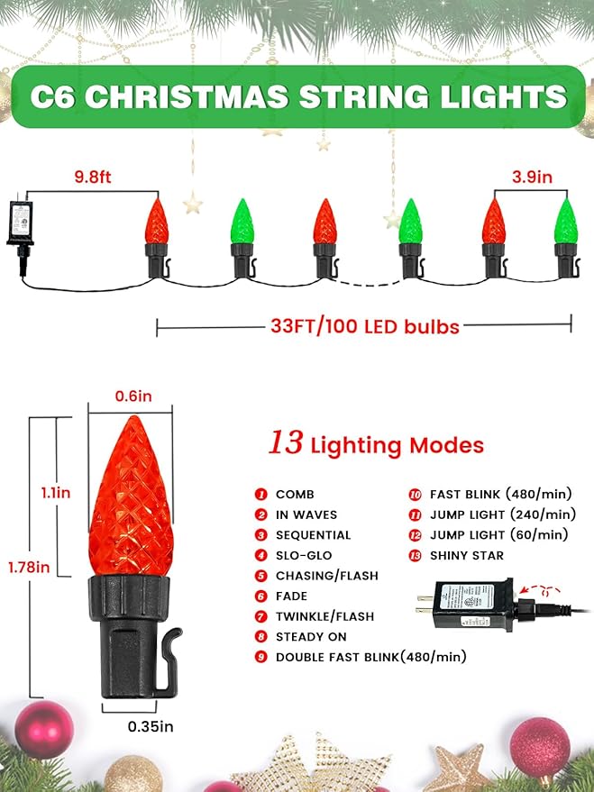 2 Pack C6 Christmas Lights Outdoor Indoor, Total 200 LED 66 FT Connectable Christmas String Lights with Timer & 13 Modes, Waterproof Twinkle Light for Xmas Tree Party Yards Decorations (Red and Green)