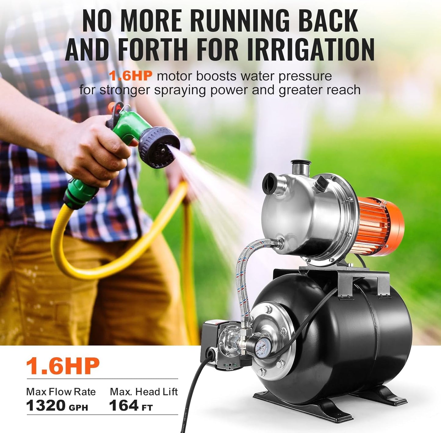 VEVOR 1.6 HP Shallow Well Pump With Pressure Tank, 1320 GPH, Automatic Irrigation Water Booster, 5-Gal Tank 30/50 PSI Switch, Stainless Steel Head for Home Garden Lawn