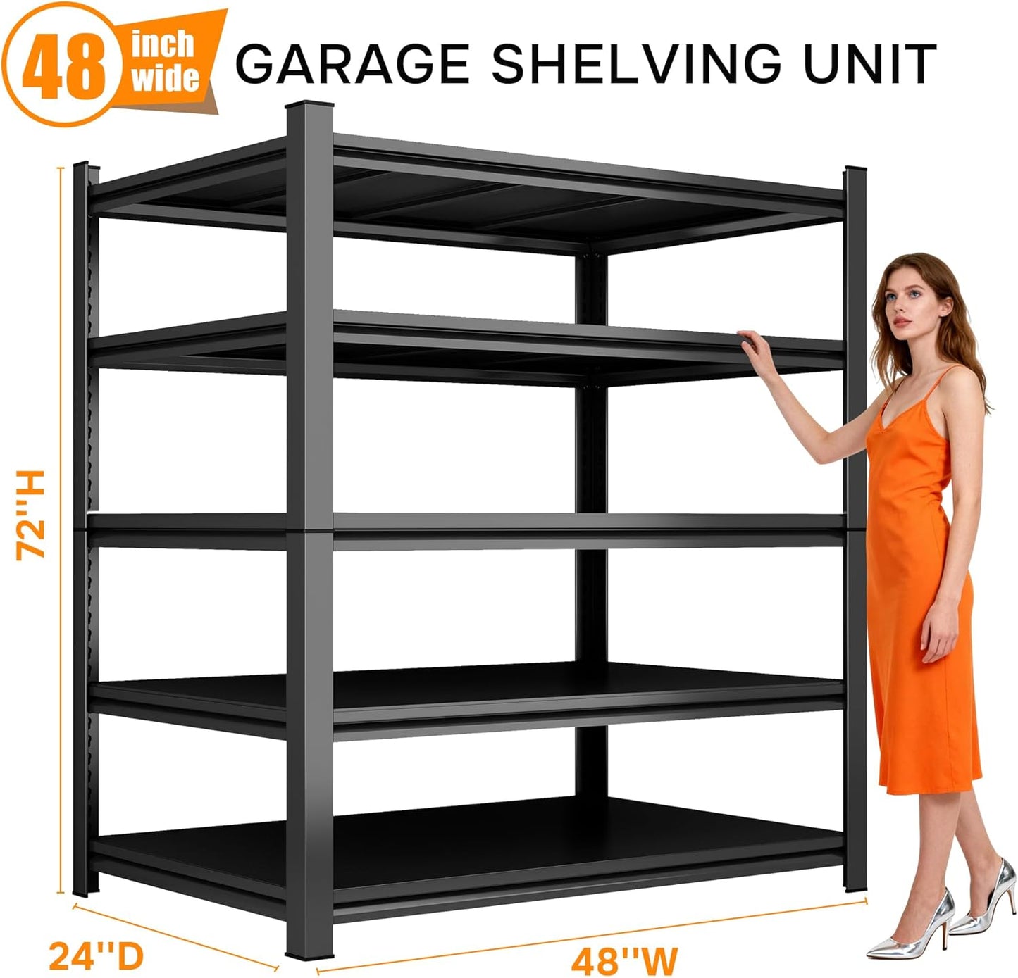 72''H Garage Shelving Heavy Duty Garage Storage Shelves, 3000 LBS Adjustable 5 Tier Industrial Shelving Unit, Metal Utility Shelf for Basement, Warehouse and Workshop (72''Hx48''Wx24''D, Black)