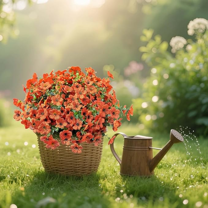 Artificial Flowers for Outdoor UV Resistant Fake Plants, 12 Bundles Fake Mums Silk Daisy in Pots for Porch Patio Garden, Faux Potted Home Decor for Outside (Orange)