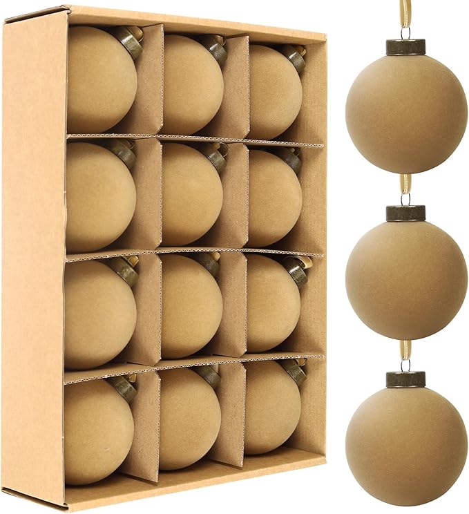12 Pcs Velvet Christmas Balls Bulk Shatterproof Plastic Christmas Tree Decorations for Decorative Hanging Baubles (12, Khaki, 3.15Inch)