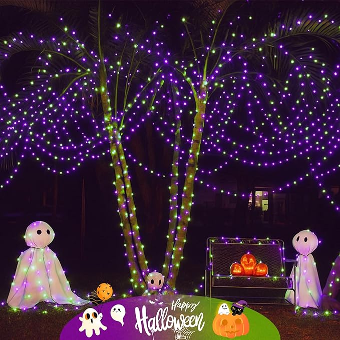 2-Pack 66FT 200 LED Extendable Halloween String Lights, Purple and Green Halloween Decorations Outdoor Indoor Tree Lights,13 Modes Plug in Mini Fairy Lights Waterproof with Timer and Memory Function