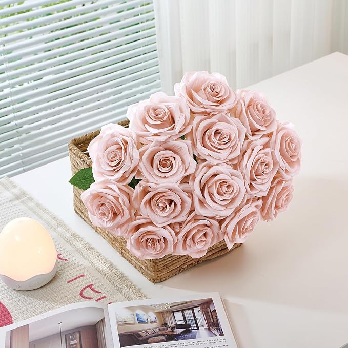 50Pcs Blush Roses Artificial Flowers Artificial Silk Roses Bulk,Fake Roses Flower with Stems Realistic Flowers for Wedding Centerpiece Home Party Decor
