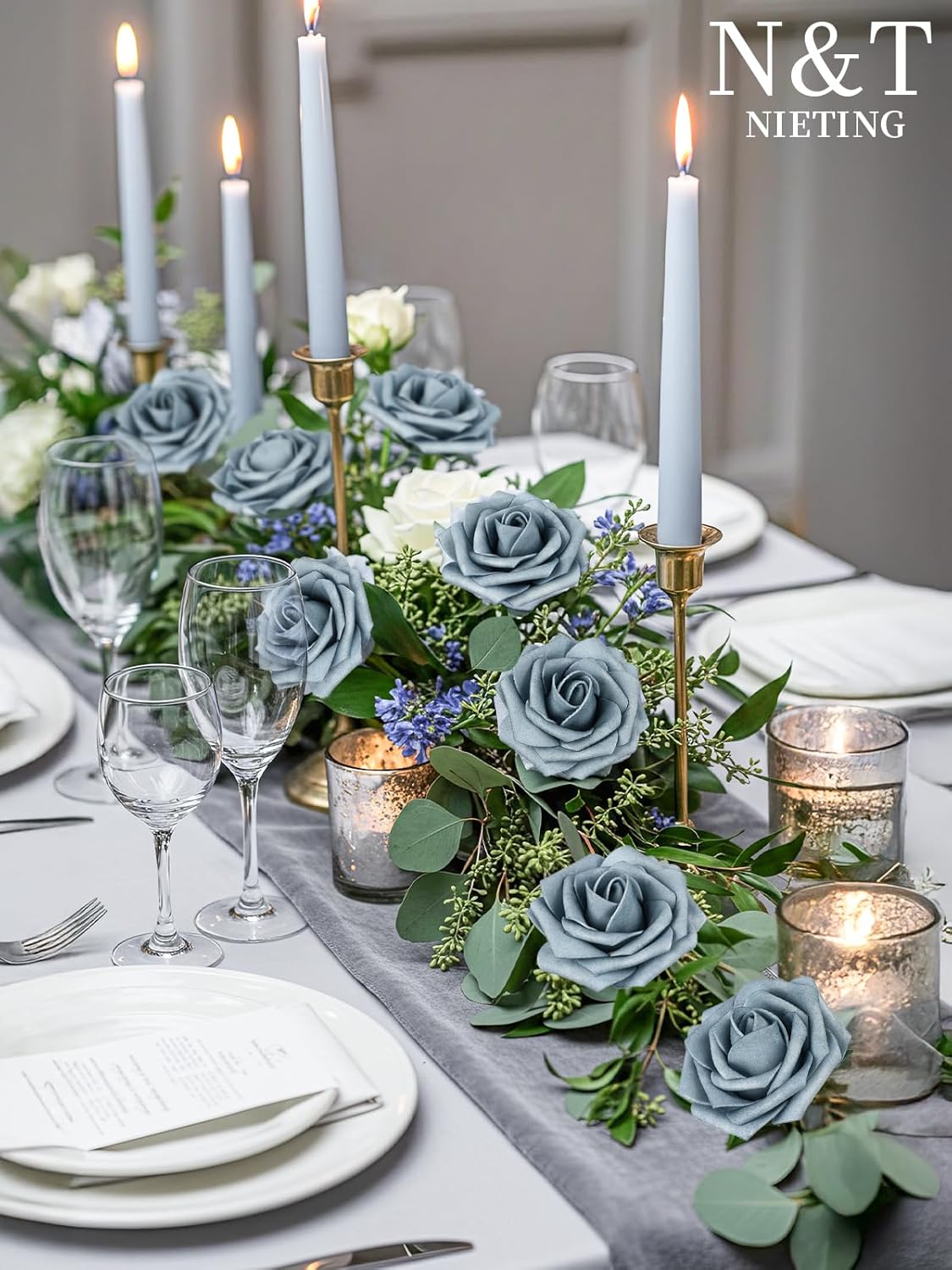 N&T NIETING Artificial Flowers, 25pcs Foam Roses Fake Flowers DIY Wedding Party Cake Decoration, Home Display, Dusty Blue Gray