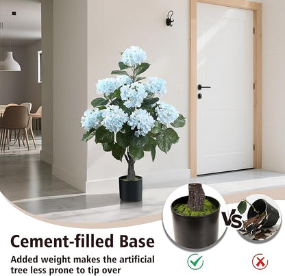 Romantic Season 38" Artificial Hydrangea Tree in Pot, Faux Potted Silk Hydrangea Plant for Indoor Outdoor Decoration, Lifelike Artificial Flower Tree for Home, Office, Patio, Garden Decor, Blue